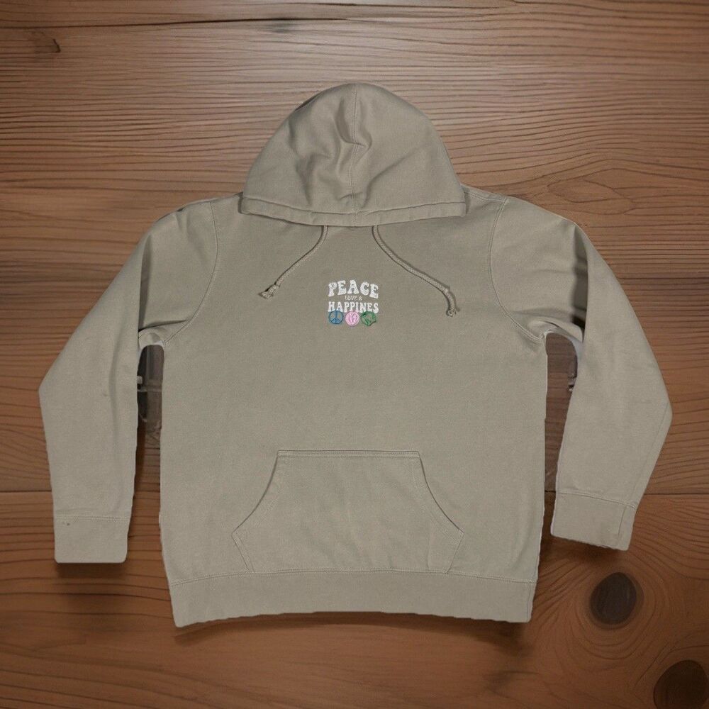 Peace Love Happiness Beige Hoodie M Earthy Cozy Fleece Sustainable Materials